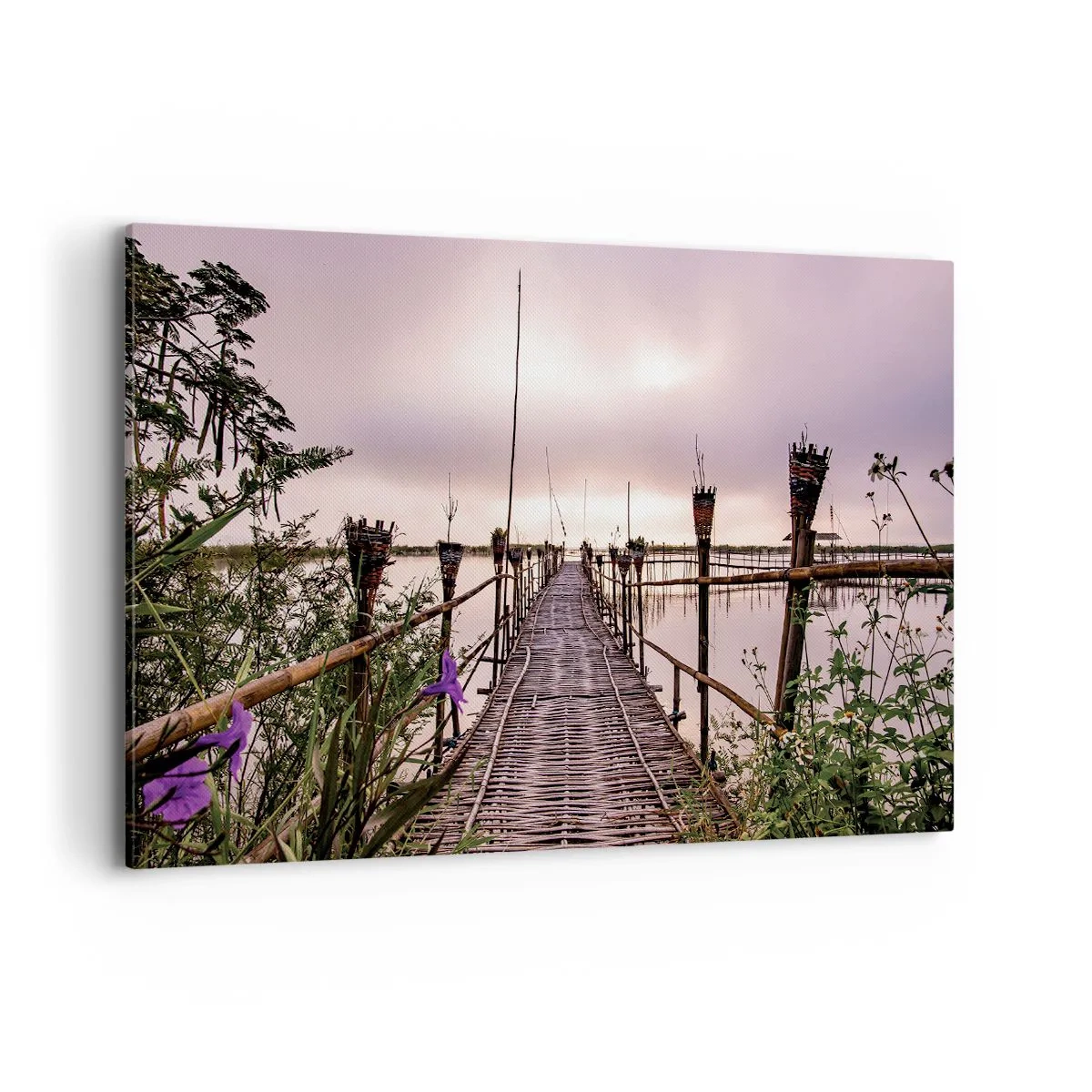 Cuadro sobre lienzo - Impresión de Imagen - Puente de bambú sobre el agua al amanecer - 120x80cm - La tranquilidad de Asia - Decoración de pared moderna para salón y dormitorio ARTTOR