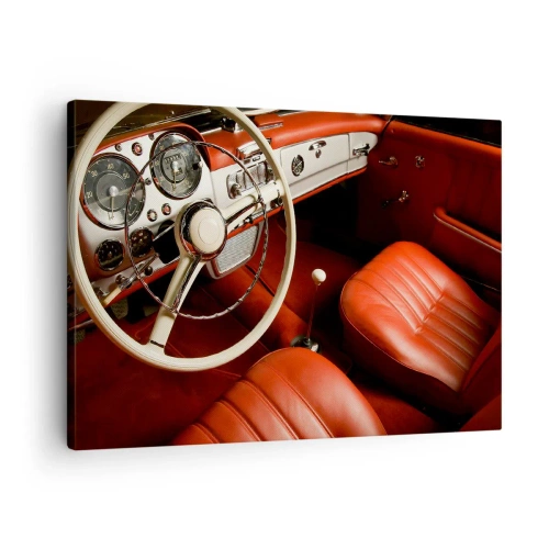 Cuadro sobre lienzo - Impresión de Imagen - Interior de coche clásico con asientos de cuero rojo. - 70x50cm - Lujo vintage - Decoración de pared moderna para salón y dormitorio ARTTOR