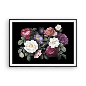 Póster en marco negro - Flores en varios colores sobre fondo negro. - 100x70cm - De un jardín inglés - Decoración de pared moderna para salón y dormitorio ARTTOR