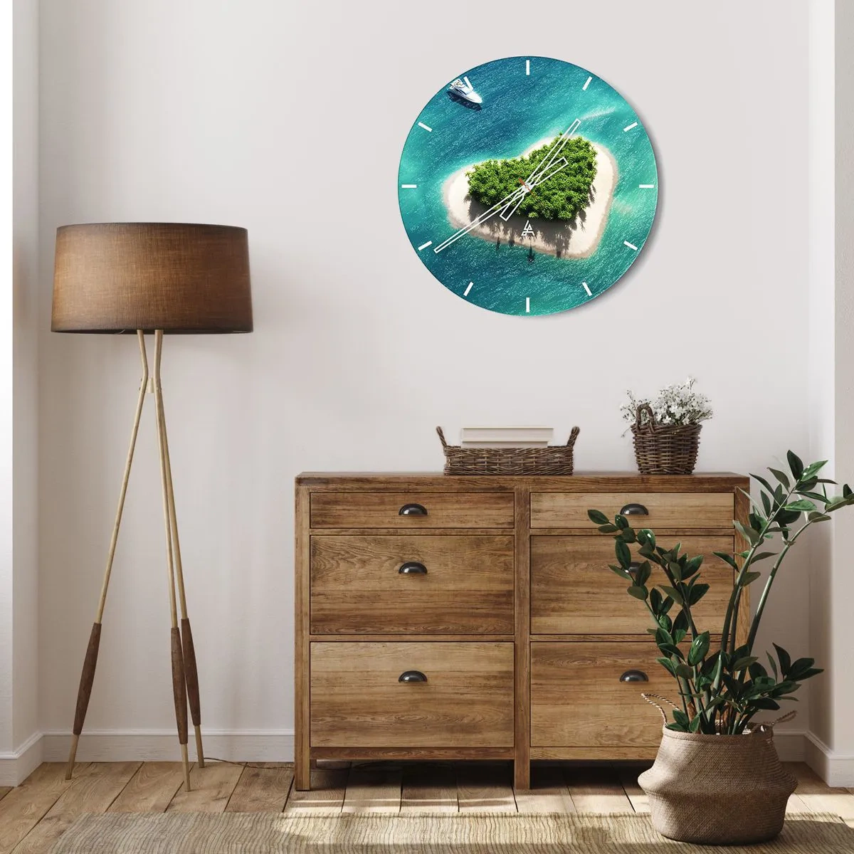 Reloj de pared - Reloj de vidrio - Una isla en forma de corazón con el mar turquesa como telón de fondo. - 30x30cm - Me encanta el verano - Decoración de pared moderna para salón, cocina y dormitorio ARTTOR