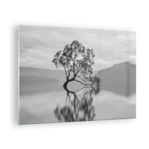 Cuadro sobre vidrio - Impresiones sobre Vidrio - Un árbol solitario en el agua en un paisaje en blanco y negro. - 70x50cm - Existe tal lugar en el mundo - Decoración de pared moderna para salón y dormitorio ARTTOR