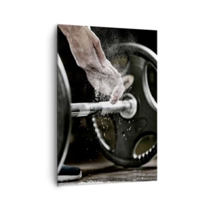 Cuadro sobre lienzo - Impresión de Imagen - Mancuernas y manos de un atleta preparándose para el entrenamiento. - 70x100cm - ¡Reto aceptado! - Decoración de pared moderna para salón y dormitorio ARTTOR