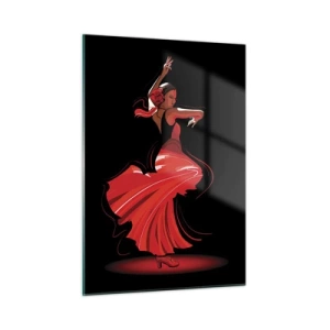 Cuadro sobre vidrio - Impresiones sobre Vidrio - Bailaora de flamenco con vestido rojo sobre fondo negro - 50x70cm - El espíritu ardiente del flamenco - Decoración de pared moderna para salón y dormitorio ARTTOR