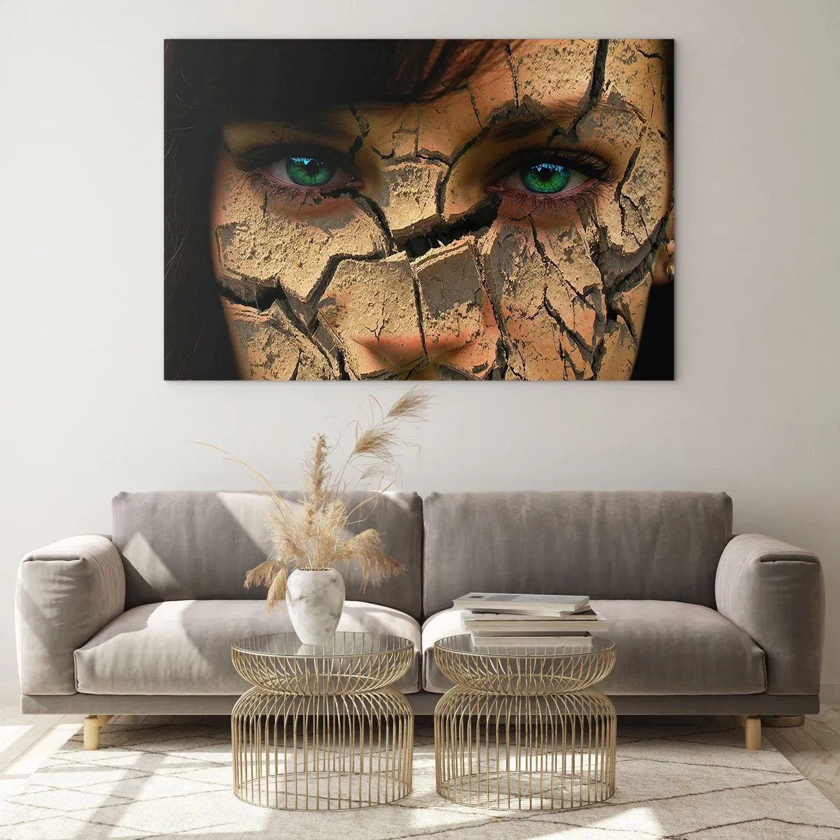 Cuadro sobre vidrio - Impresiones sobre Vidrio - Un rostro de mujer con efecto tierra agrietada. - 70x50cm - Deleite y asombro - Decoración de pared moderna para salón y dormitorio ARTTOR