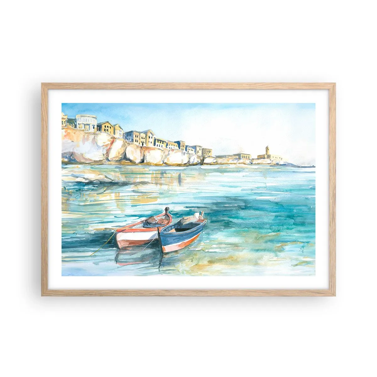 Póster en marco roble claro - Paisaje en azul - 70x50 cm