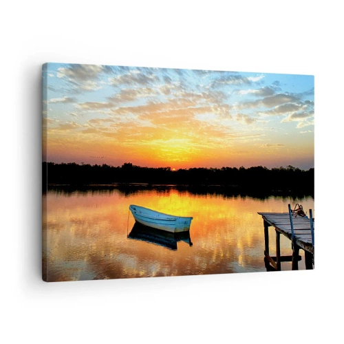 Cuadro sobre lienzo - Impresión de Imagen - Un barco en un lago tranquilo durante la puesta de sol. - 70x50cm - Mirar, escuchar, meditar - Decoración de pared moderna para salón y dormitorio ARTTOR