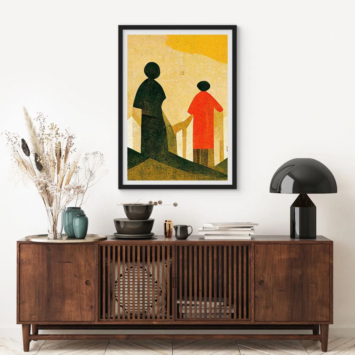 Póster en marco negro - Siluetas geométricas de figuras sobre el fondo de un paisaje abstracto. - 50x70cm - Todavía lejos del destino - Decoración de pared moderna para salón y dormitorio ARTTOR