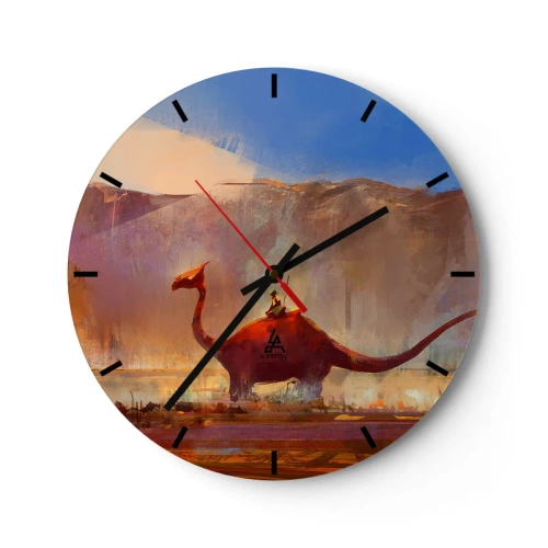 Reloj de pared - Reloj de vidrio - Un paisaje fantástico con un dinosaurio con las montañas como telón de fondo. - 30x30cm - Si no se hubieran extinguido - Decoración de pared moderna para salón, cocina y dormitorio ARTTOR