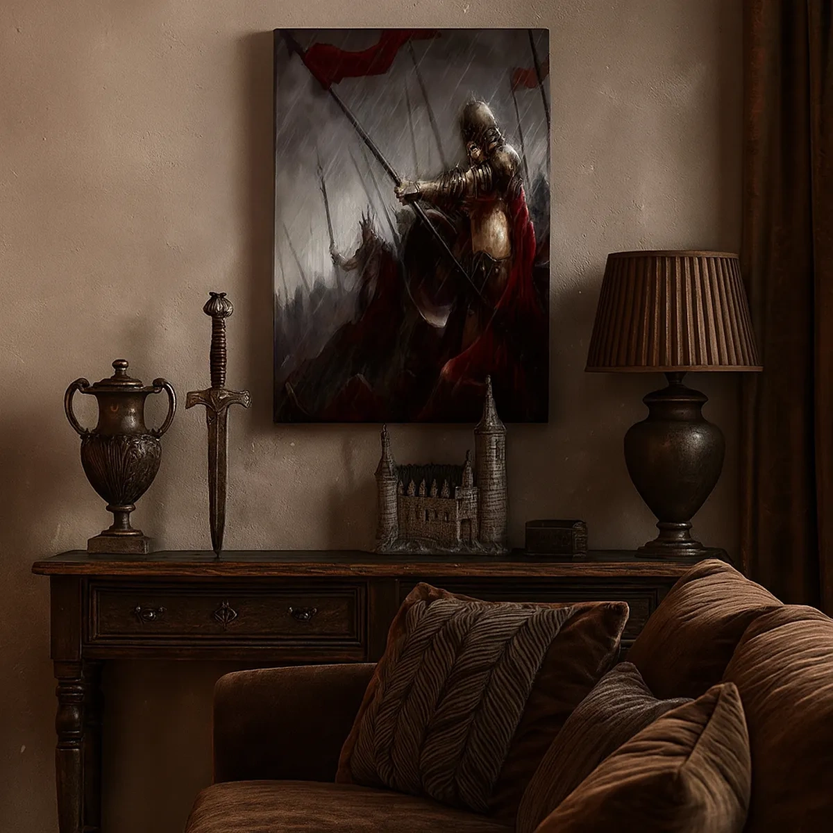 Cuadro sobre lienzo - Impresión de Imagen - Caballeros marchando al campo de batalla bajo la lluvia - 50x70cm - Unidos somos más fuertes - Decoración de pared moderna para salón y dormitorio ARTTOR