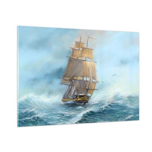 Cuadro sobre vidrio - Impresiones sobre Vidrio - Un velero en un mar tempestuoso en estilo pictórico. - 100x70cm - Surcando las olas - Decoración de pared moderna para salón y dormitorio ARTTOR