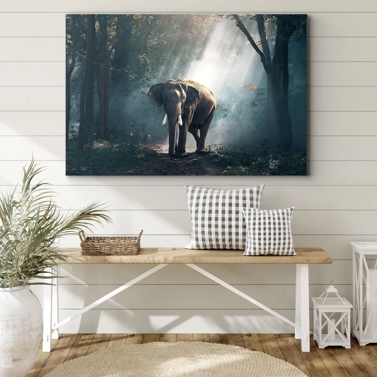 Cuadro sobre lienzo - Impresión de Imagen - Elefante en la luz del bosque - 70x50cm - Un paseo tranquilo - Decoración de pared moderna para salón y dormitorio ARTTOR