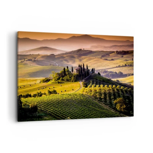 Cuadro sobre lienzo - Impresión de Imagen - Paisaje toscano con viñedos y una casa en una colina. - 120x80cm - Paisaje toscano - Decoración de pared moderna para salón y dormitorio ARTTOR