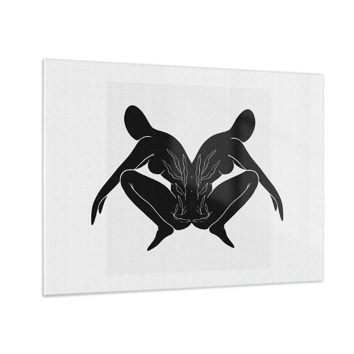 Cuadro sobre vidrio - Impresiones sobre Vidrio - Figuras negras que forman un corazón simétrico sobre un fondo blanco. - 70x50cm - Un alma compartida - Decoración de pared moderna para salón y dormitorio ARTTOR