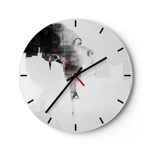 Reloj de pared - Reloj de vidrio - Retrato de una mujer en una composición artística con un motivo urbano al fondo. - 30x30cm - A ambos lados del cristal - Decoración de pared moderna para salón, cocina y dormitorio ARTTOR