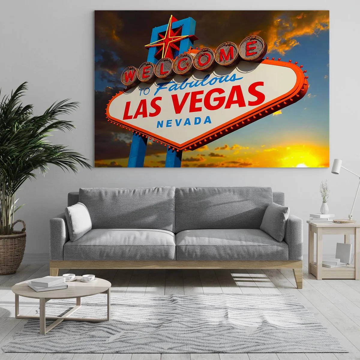 Cuadro sobre vidrio - Impresiones sobre Vidrio - Cartel de bienvenida a Las Vegas contra el sol poniente - 120x80cm - Por la sonrisa del destino - Decoración de pared moderna para salón y dormitorio ARTTOR