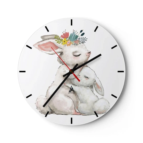 Reloj de pared - Reloj de vidrio - Dos conejitos de peluche, el más grande con una corona de flores. - 30x30cm - En ningún lugar mejor que con mamá - Decoración de pared moderna para salón, cocina y dormitorio ARTTOR