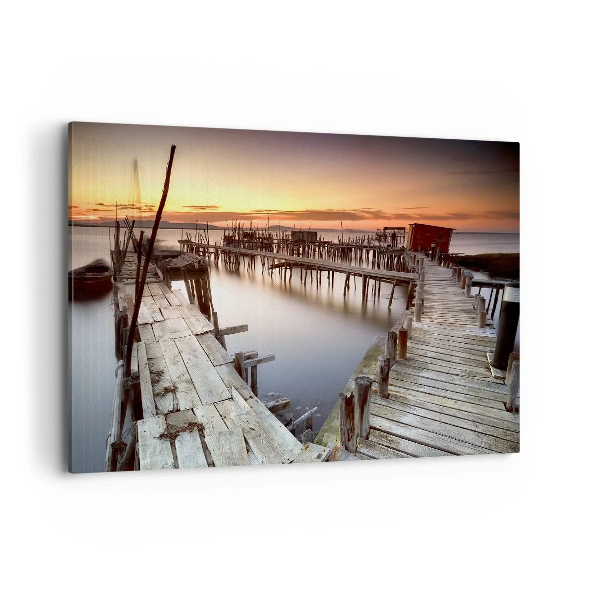 Cuadro sobre lienzo - Impresión de Imagen - Muelles de madera en aguas tranquilas al atardecer - 100x70cm - Auténtico, sublime - Decoración de pared moderna para salón y dormitorio ARTTOR