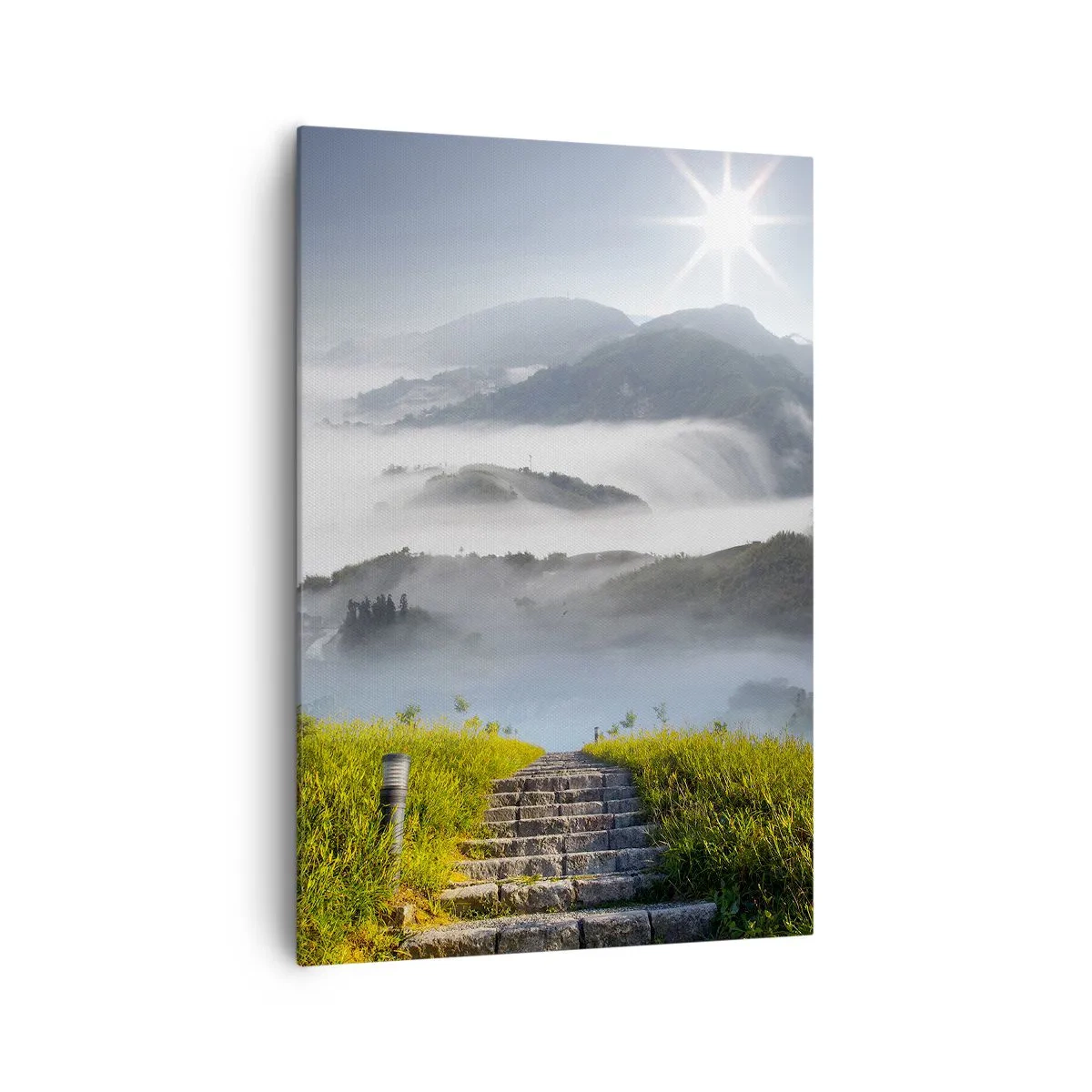 Cuadro sobre lienzo - Impresión de Imagen - Escaleras de piedra que suben a través de las montañas envueltas en la niebla matutina. - 70x100cm - Todavía en las nubes - Decoración de pared moderna para salón y dormitorio ARTTOR