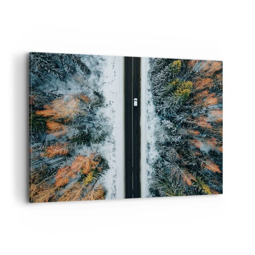 Cuadro sobre lienzo - Impresión de Imagen - Un camino a través de un bosque invernal visto a vista de pájaro - 100x70cm - Atravesar el bosque en invierno - Decoración de pared moderna para salón y dormitorio ARTTOR