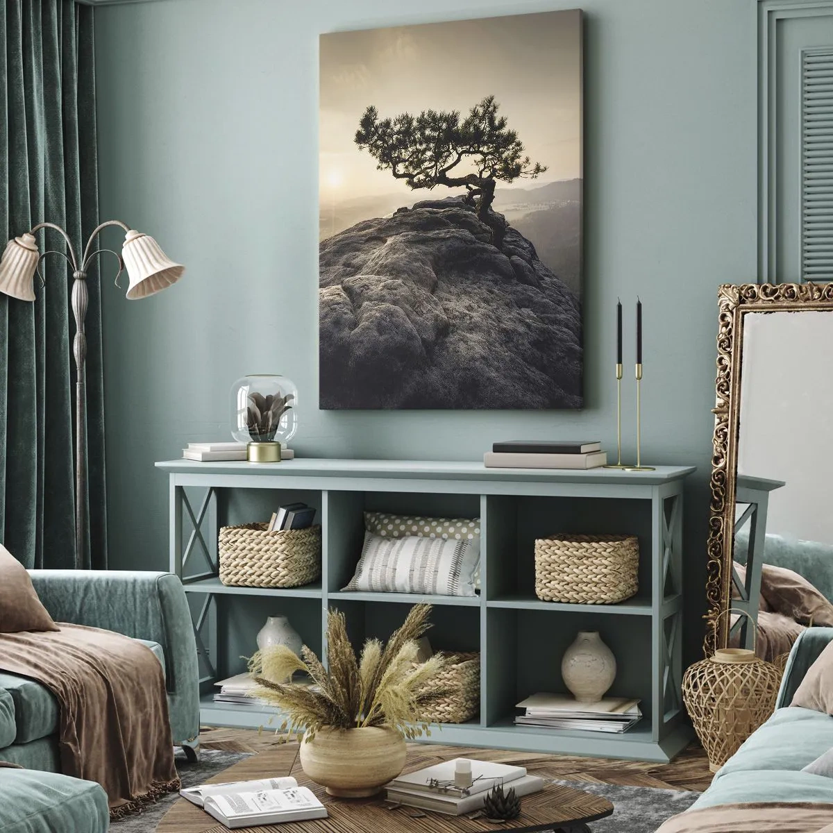 Cuadro sobre lienzo - Impresión de Imagen - Un árbol solitario en un pico rocoso a la luz del sol. - 50x70cm - La vida se abre camino - Decoración de pared moderna para salón y dormitorio ARTTOR