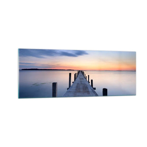 Cuadro sobre vidrio - Impresiones sobre Vidrio - Muelle de madera en el lago al atardecer - 140x50cm - La calma de un crepúsculo sereno - Decoración de pared moderna para salón y dormitorio ARTTOR
