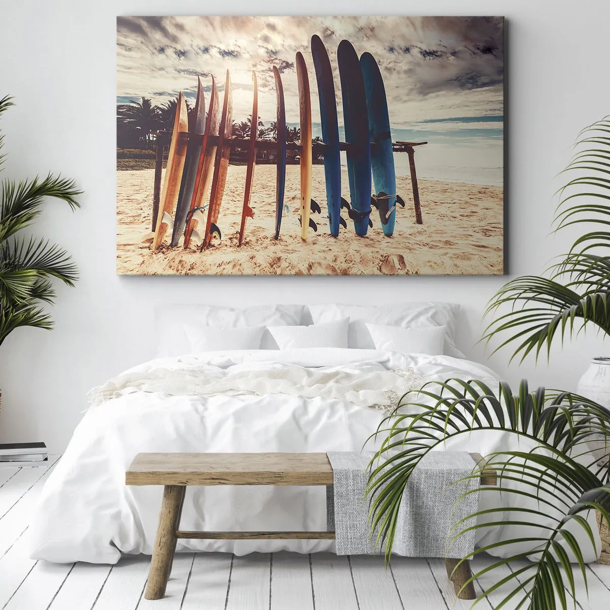 Cuadro sobre lienzo - Impresión de Imagen - Tablas de surf en la playa al atardecer - 70x50cm - Buenas noches, hasta mañana - Decoración de pared moderna para salón y dormitorio ARTTOR