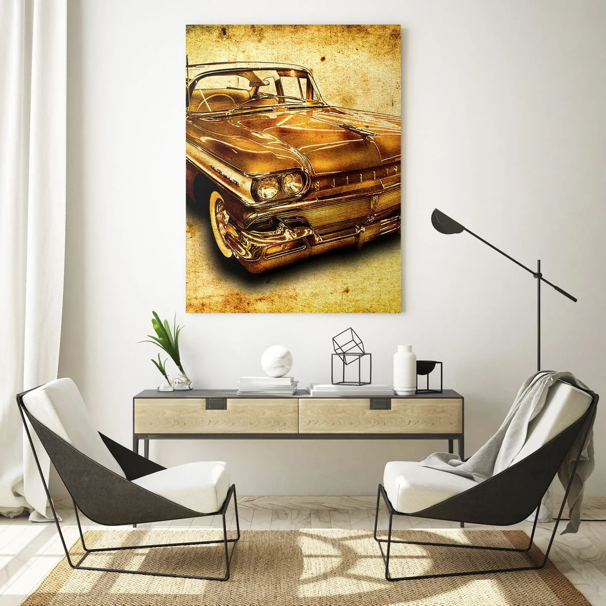 Cuadro sobre vidrio - Impresiones sobre Vidrio - Un coche retro clásico dorado sobre un fondo vintage con efecto envejecido. - 70x100cm - La belleza perdurable de los clásicos - Decoración de pared moderna para salón y dormitorio ARTTOR
