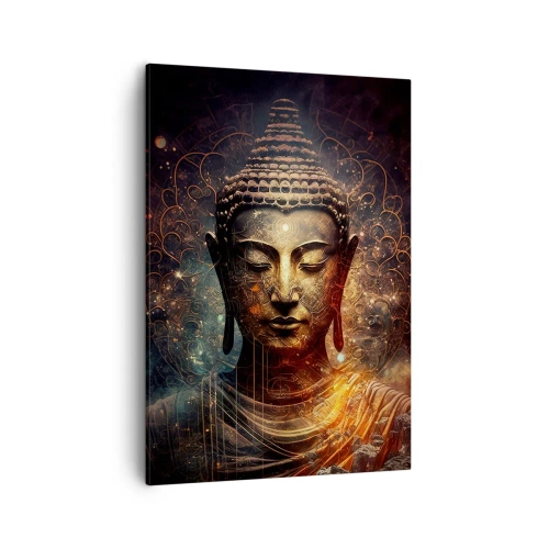Cuadro sobre lienzo - Impresión de Imagen - Buda dorado sobre un fondo oscuro con adornos. - 50x70cm - Equilibrio espiritual - Decoración de pared moderna para salón y dormitorio ARTTOR