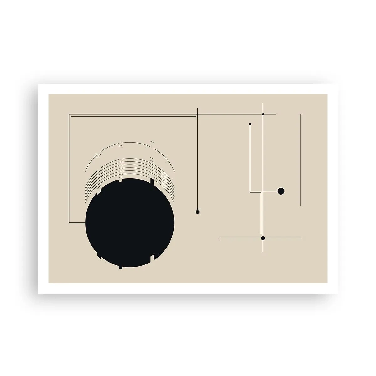 Póster - Líneas geométricas negras y un círculo sobre un fondo beige. - 100x70cm - Composición elástica y dinámica - Decoración de pared moderna para salón y dormitorio ARTTOR
