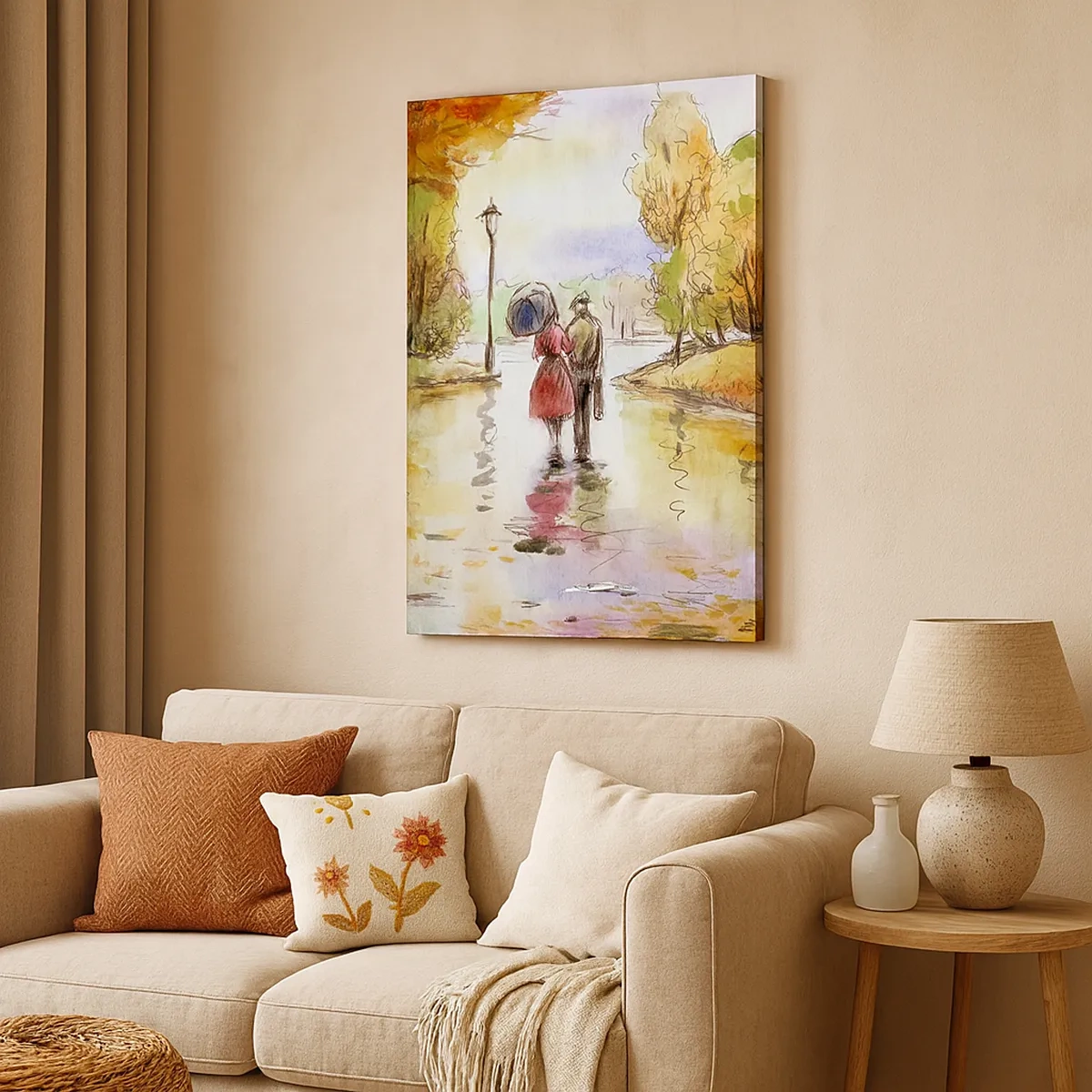 Cuadro sobre lienzo - Impresión de Imagen - Un paseo por el parque de otoño con un paraguas. - 50x70cm - Un otoño romántico en el parque - Decoración de pared moderna para salón y dormitorio ARTTOR