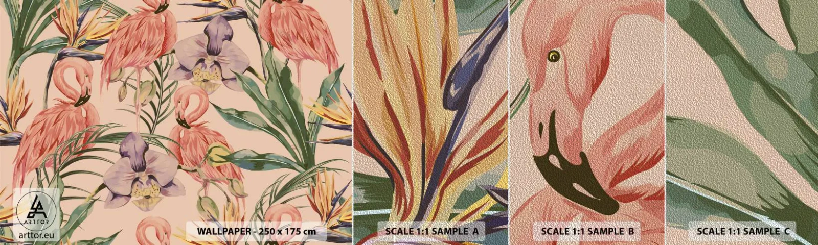 Muestra de fotomural Premium Sand - Un ballet rosa en flores - Pájaro, Flamenco, Selva - 100x30 cm