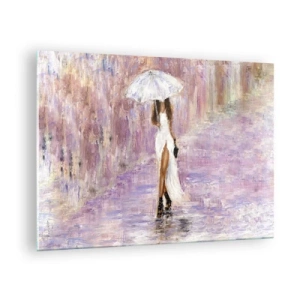 Cuadro sobre vidrio - Impresiones sobre Vidrio - Figura de una mujer con paraguas en una escena de lluvia lila - 70x50cm - En la lluvia de lilas - Decoración de pared moderna para salón y dormitorio ARTTOR