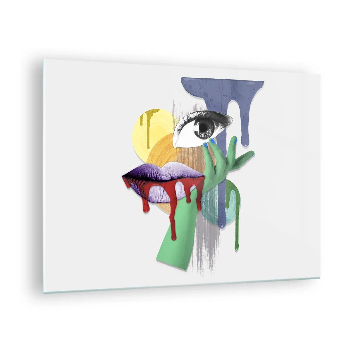 Cuadro sobre vidrio - Impresiones sobre Vidrio - Composición abstracta con ojo, boca y colores. - 70x50cm - Un retrato deconstruido - Decoración de pared moderna para salón y dormitorio ARTTOR