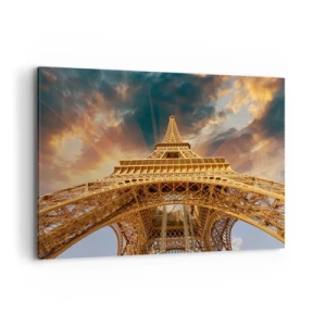 Cuadro sobre lienzo - Impresión de Imagen - La Torre Eiffel desde abajo con el sol poniente como telón de fondo - 120x80cm - Mientras la humanidad alcanza el cielo - Decoración de pared moderna para salón y dormitorio ARTTOR