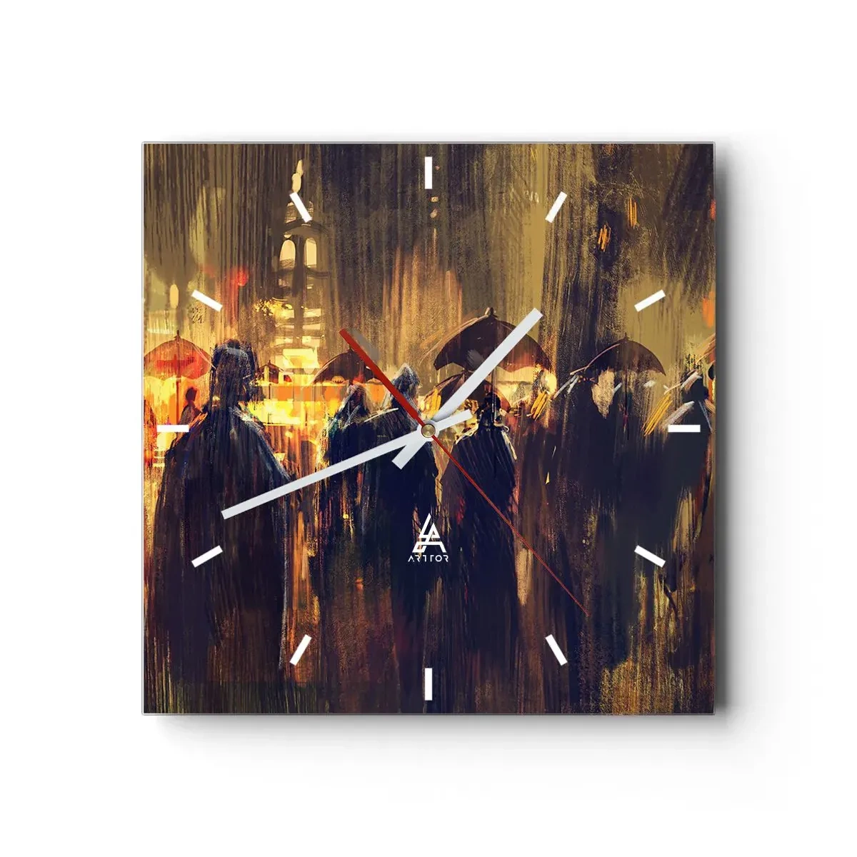 Reloj de pared - Reloj de vidrio - Figuras con paraguas en una ciudad lluviosa por la noche - 30x30cm - Seguidores de la lluvia - Decoración de pared moderna para salón y dormitorio ARTTOR