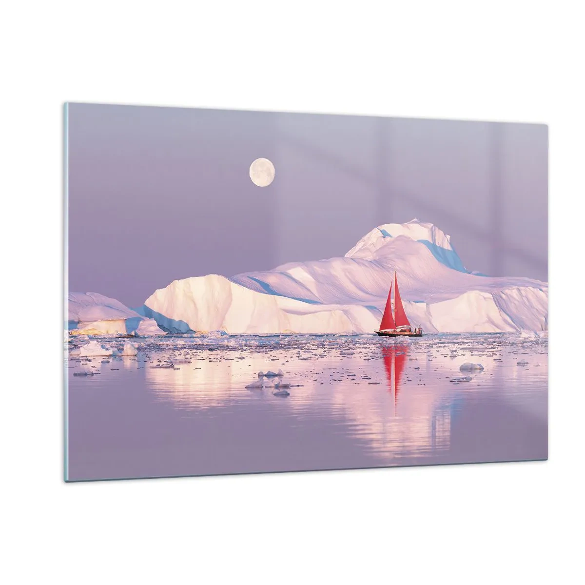 Cuadro sobre vidrio - Impresiones sobre Vidrio - Un velero con los glaciares como telón de fondo a la luz de la luna. - 120x80cm - El calor de la vela, el frío del hielo - Decoración de pared moderna para salón y dormitorio ARTTOR