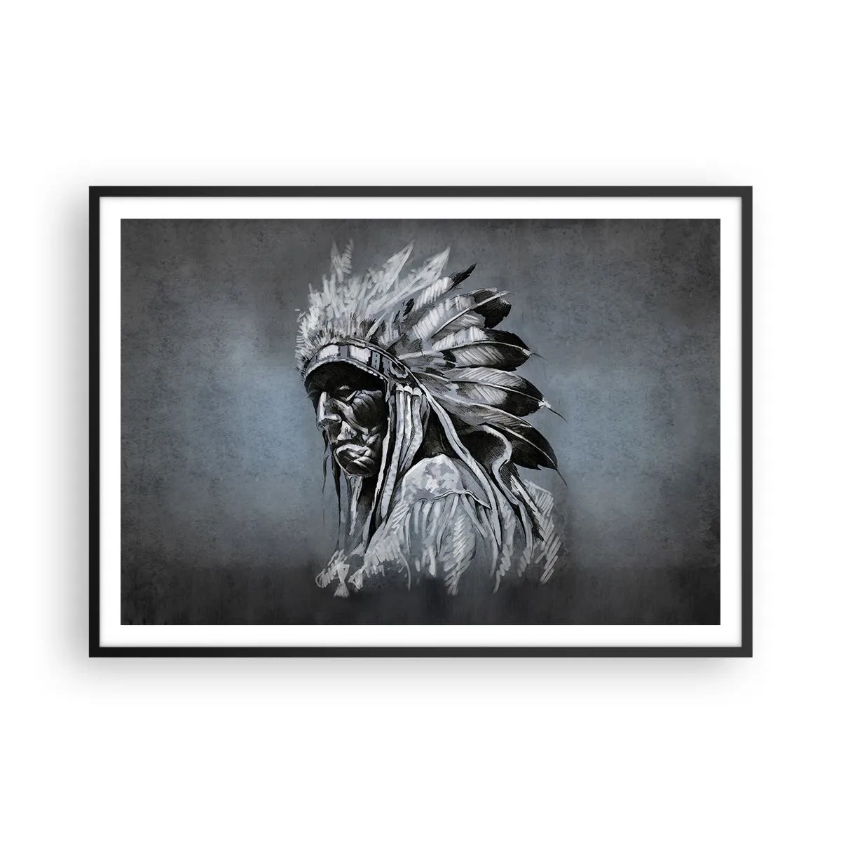 Póster en marco negro - Retrato de un jefe indio con un tocado tradicional - 100x70cm - Regreso a las raíces - Decoración de pared moderna para salón y dormitorio ARTTOR