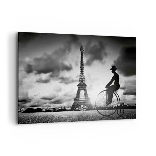 Cuadro sobre lienzo - Impresión de Imagen - Imagen en blanco y negro de una bicicleta retro con la Torre Eiffel al fondo. - 120x80cm - Añoranza de la Belle Epoque - Decoración de pared moderna para salón y dormitorio ARTTOR