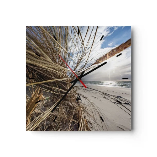 Reloj de pared - Reloj de vidrio - Una playa con hierba seca en las dunas y vistas al mar. - 30x30cm - Una reunión de los elementos - Decoración de pared moderna para salón y dormitorio ARTTOR