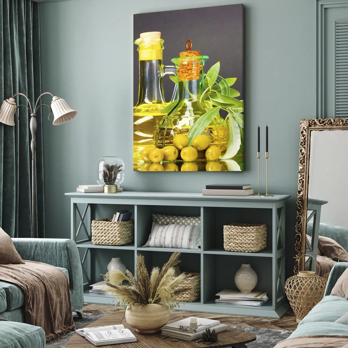 Cuadro sobre lienzo - Impresión de Imagen - Bodegón con aceitunas y aceite - 65x120 cm