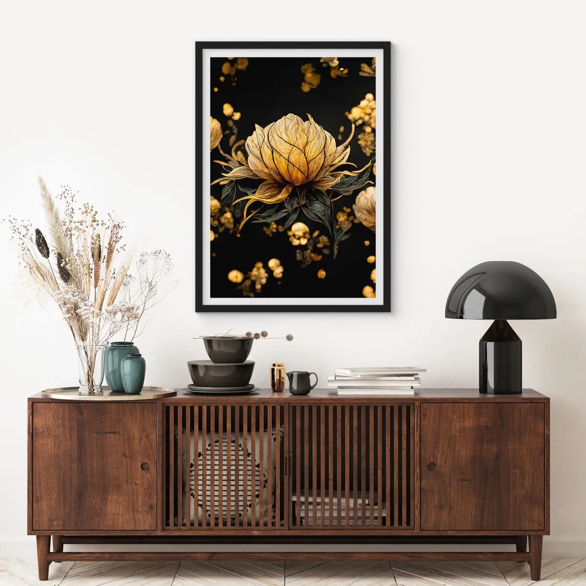Póster en marco negro - Una flor dorada sobre un fondo negro en una elegante composición. - 50x70cm - Sutil fragilidad - Decoración de pared moderna para salón y dormitorio ARTTOR