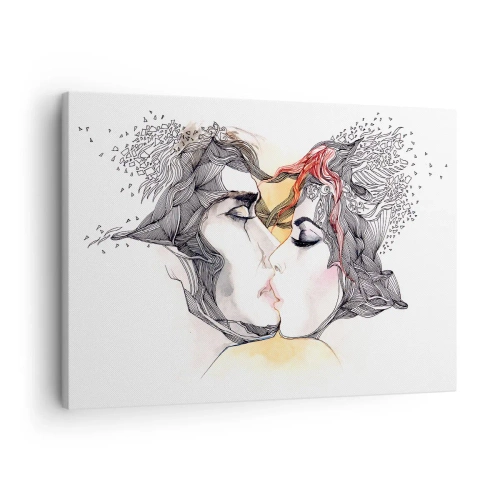 Cuadro sobre lienzo - Impresión de Imagen - Retrato artístico de una pareja con motivos abstractos en el cabello. - 70x50cm - El mundo no importa - Decoración de pared moderna para salón y dormitorio ARTTOR