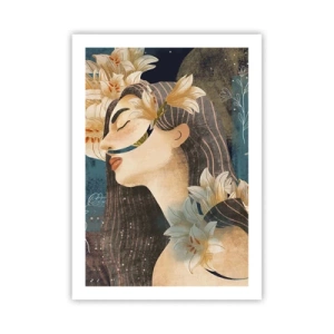 Póster - Perfil de una mujer rodeada de lirios sobre un fondo azul marino - 50x70cm - Cuento de princesa con lirios - Decoración de pared moderna para salón y dormitorio ARTTOR