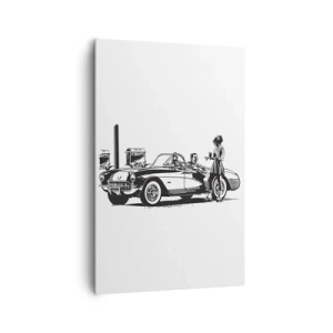 Cuadro sobre lienzo - Impresión de Imagen - Una escena retro en blanco y negro con un coche y una camarera en patines. - 80x120cm - Años 60 - la América despreocupada - Decoración de pared moderna para salón y dormitorio ARTTOR