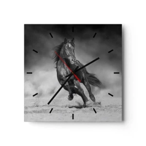 Reloj de pared - Reloj de vidrio - Un caballo blanco y negro galopando por la arena. - 30x30cm - Digno del propio emir - Decoración de pared moderna para salón y dormitorio ARTTOR