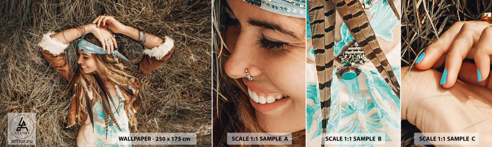 Muestra de fotomural autoadhesivo Deluxe Sticker - El verano del amor - bohemia, Mujer, Joyas - 100x30 cm