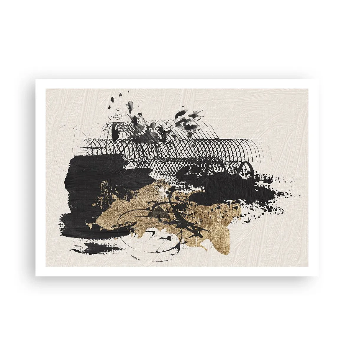 Póster - Una pintura abstracta en negro y dorado con líneas y estructuras dinámicas. - 100x70cm - Composición con pasión - Decoración de pared moderna para salón y dormitorio ARTTOR