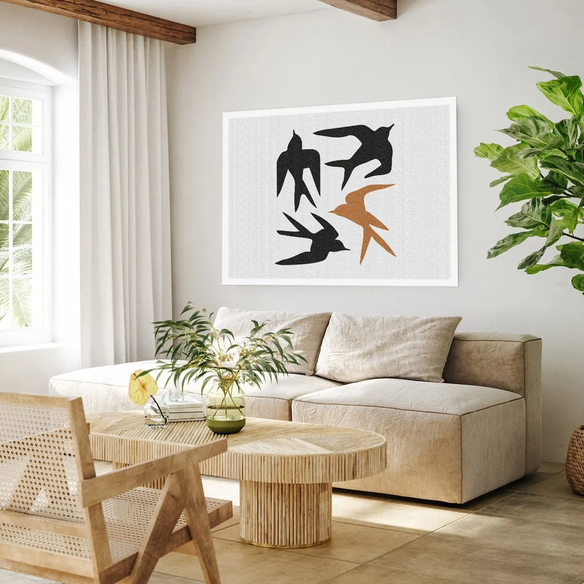 Póster - Siluetas de golondrinas en negro y dorado - 100x70cm - Juegos de golondrinas - Decoración de pared moderna para salón y dormitorio ARTTOR