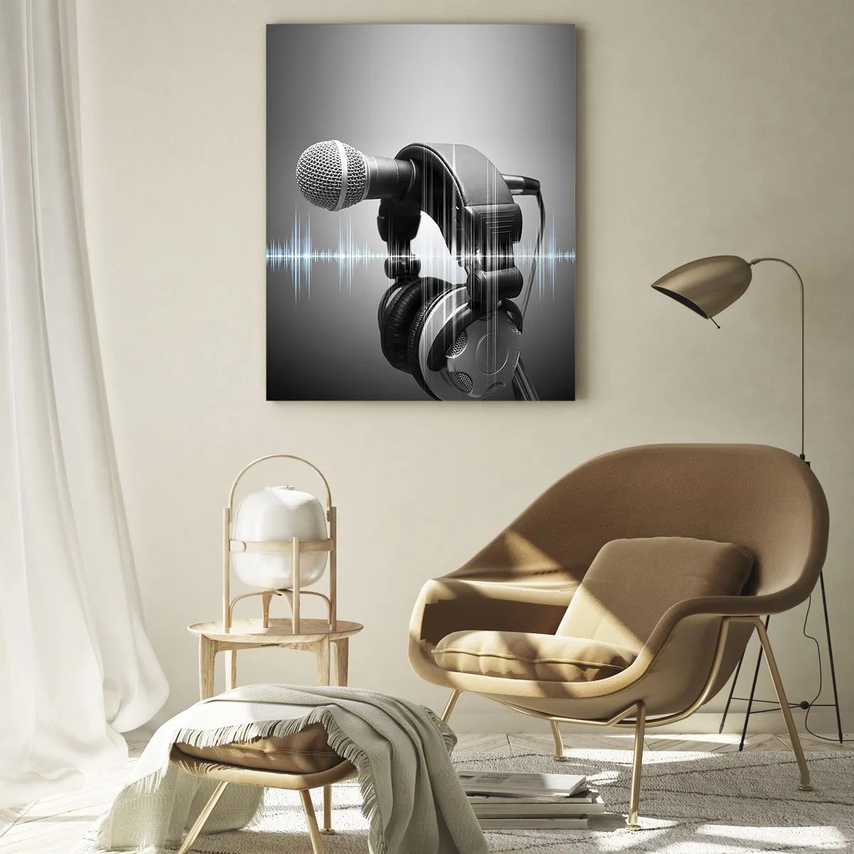 Cuadro sobre vidrio - Impresiones sobre Vidrio - Micrófono y auriculares con visualización de ondas sonoras de fondo. - 70x100cm - Todavía se puede escuchar el canto - Decoración de pared moderna para salón y dormitorio ARTTOR