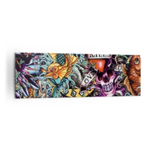 Cuadro sobre lienzo - Impresión de Imagen - Obra de arte colorida estilo tatuaje con calaveras y motivos náuticos. - 160x50cm - El sueño de un tatuador - Decoración de pared moderna para salón y dormitorio ARTTOR